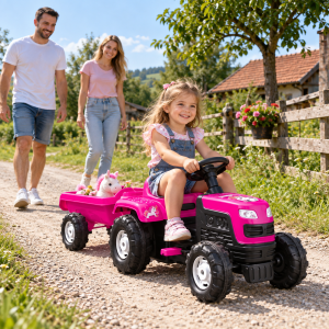 Dečiji roze traktor na pedale sa prikolicom i jednorogom – 025081