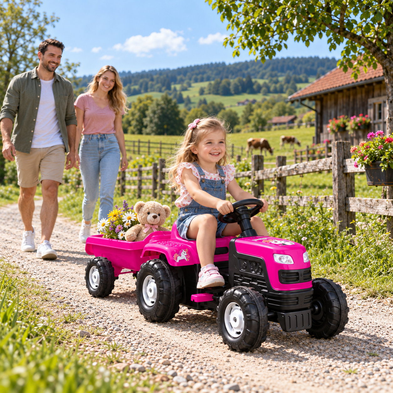 Dečiji roze traktor na pedale sa prikolicom i jednorogom – 025081 - Slika 2