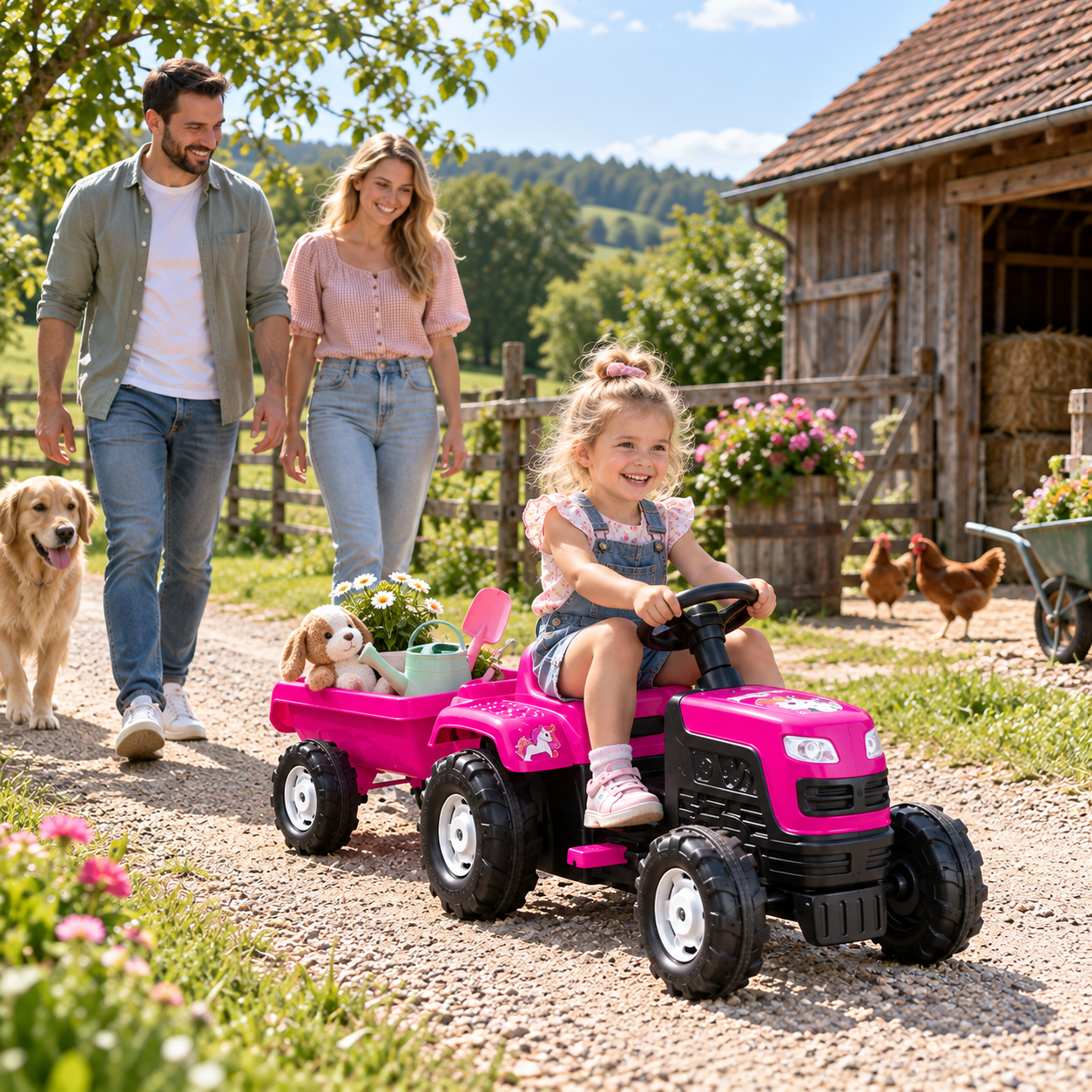 Dečiji roze traktor na pedale sa prikolicom i jednorogom – 025081 - Slika 4