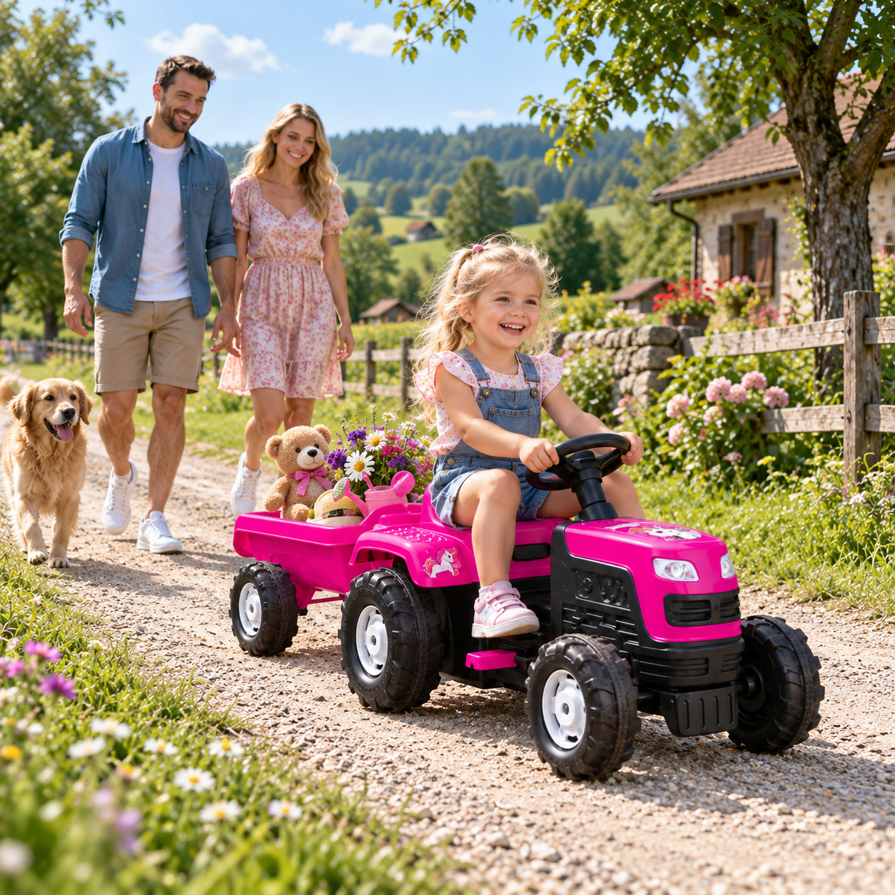 Dečiji roze traktor na pedale sa prikolicom i jednorogom – 025081 - Slika 5