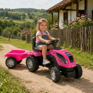 Dečiji traktor na pedale sa prikolicom – model 956 roze