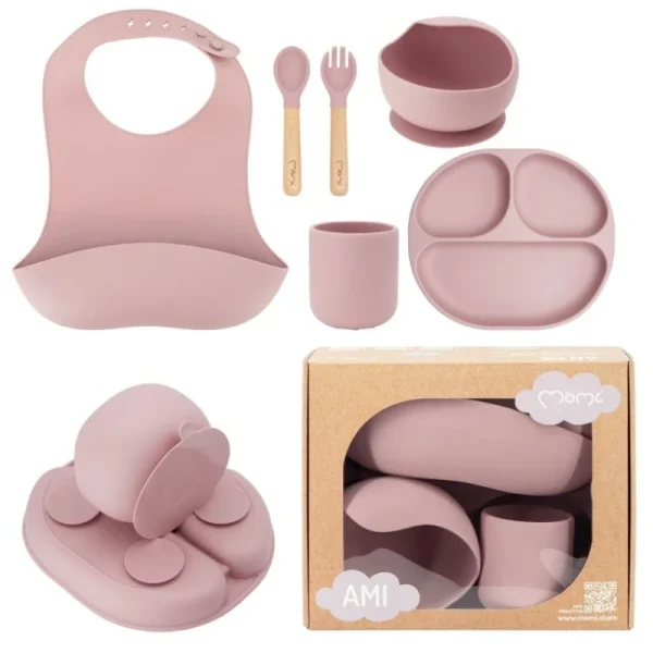 MoMi Ami silikonski set za hranjenje Pink