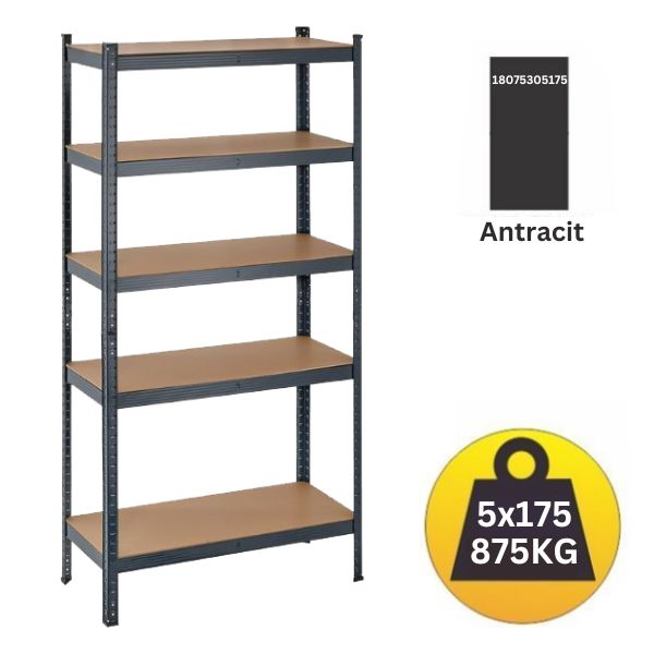 Polica metal-medijapan 180x75x30cm 5x175kg antracit